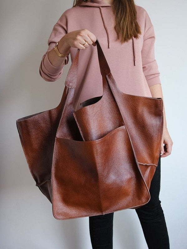 Casual Soft Large Capacity Tote Women Handbags Designer Aged Metal Look Luxury Pu Leather Shoulder Bag Retro Big Shopper Purses 0 DailyAlertDeals Brown China 