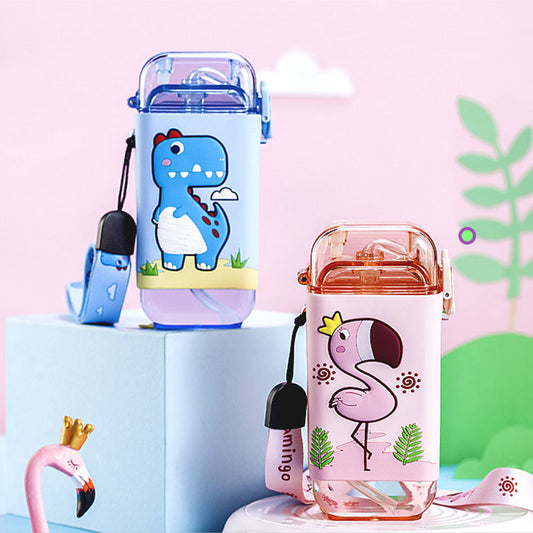 Cartoon Children Water Bottle 280ml with Rope Portable Square Kettle Sealed Leak-Proof BPA Free Tritan Baby Milk Cup With Straw Cartoon Children Water Bottle DailyAlertDeals   