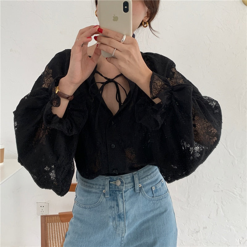 2022 Women Blouse with Lace Lantern Long Sleeve Transparent Blouse Loose Sexy Cardigan Lace Shirt Spring Black Lace Top 10202 0 DailyAlertDeals Black S 