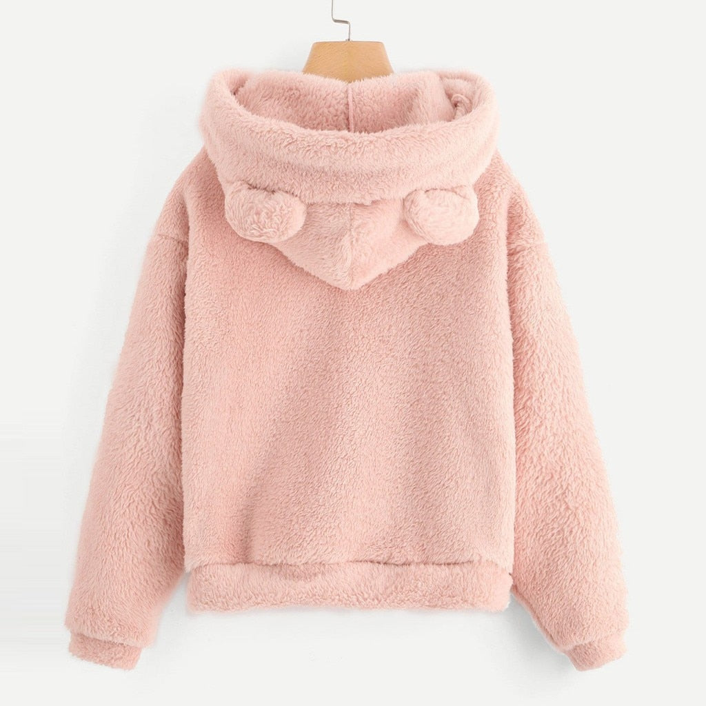 Fluffy hoodie Women fuzzy hoodie cute bear ear cap Autumn Winter Warm pullover Long Sleeve outwear Fluffy hoodie DailyAlertDeals   