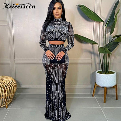 Black Crystal See Through Maxi Skirt Suits Sexy Mesh Long Sleeve Women's Party Outfit Top Clubwear Outfits Maxi Dresses DailyAlertDeals   