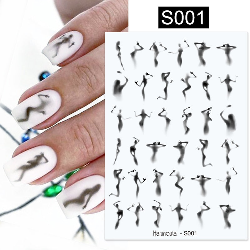 Harunouta Slider Design 3D Black People Silhouettes Blooming Nail Stickers Gold Bronzing Leaf Flower Nail Foils Decoration Nail Stickers DailyAlertDeals   