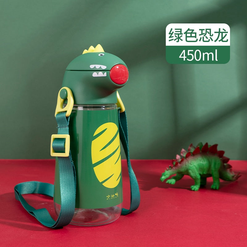 New Pinkah Children Straw Kettle with Shoulder Strap Portable School Plastic Water Bottle Creative Cartoon Dinosaur Shape 450ML Portable School Plastic Water Bottle DailyAlertDeals China 450-560ml Green 450ml
