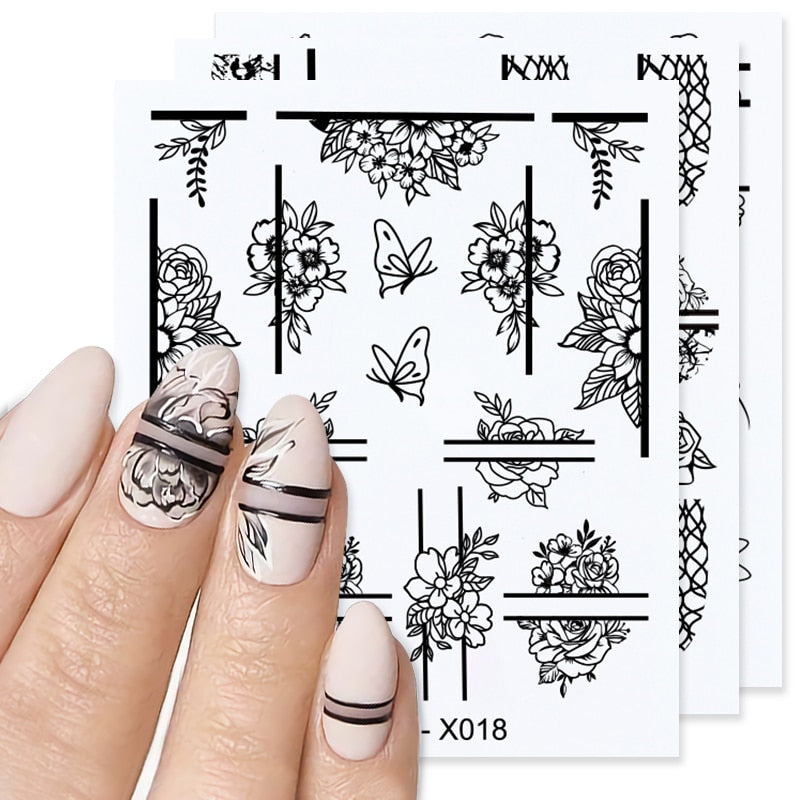 Harunouta 1pcs Nail Sticker Flower Water Transfer White Rose Necklace Lace Jewelry Nail Water Decal Black Wraps Tips Nail Stickers DailyAlertDeals   