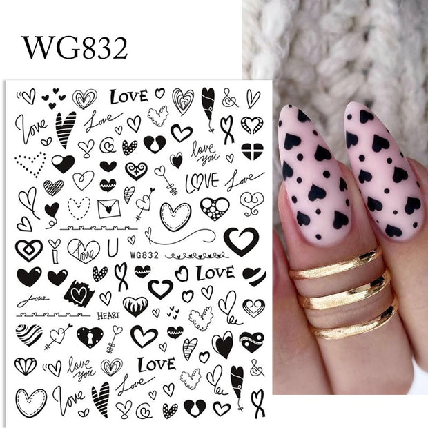 Harunouta Valentine's Day 3D Nail Stickers Heart Flower Leaves Line Sliders French Tip Nail Art Transfer Decals 3D Decoration 0 DailyAlertDeals WG832  