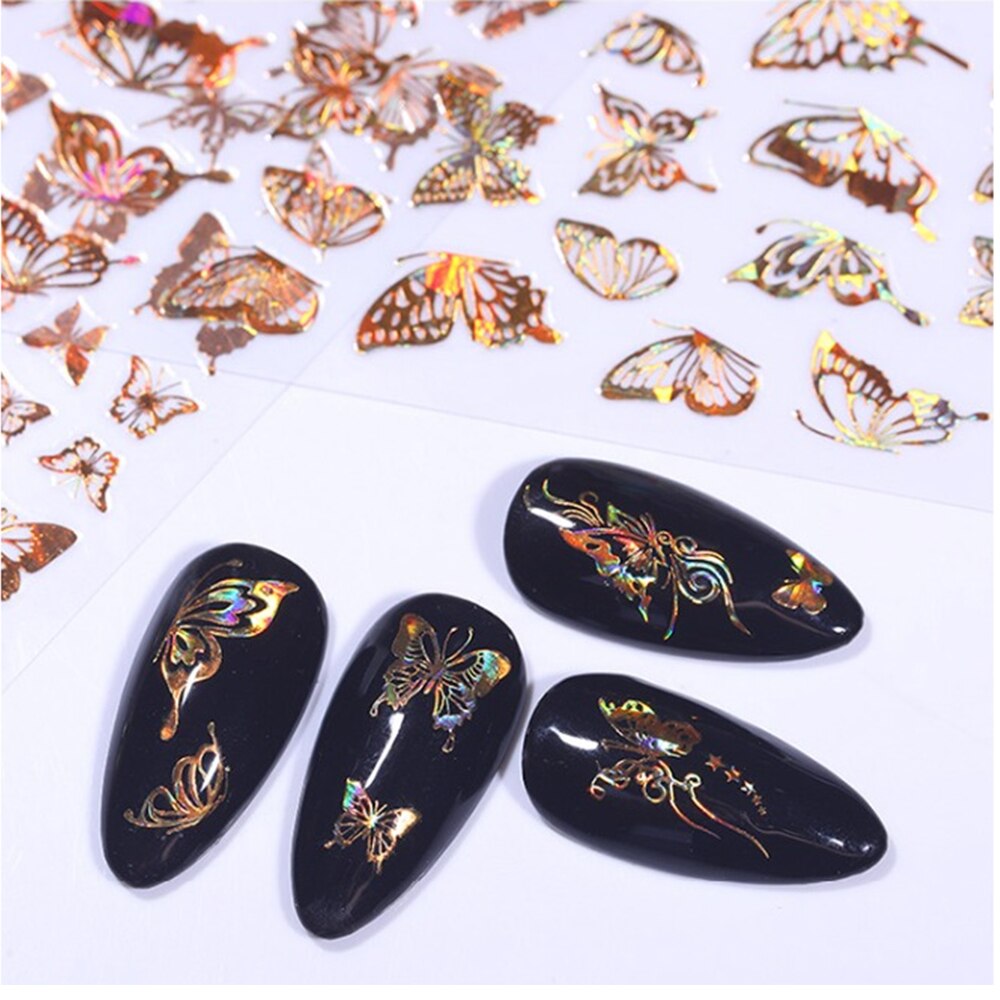 1pc Holographic 3D Butterfly Nail Art Stickers Adhesive Sliders Colorful DIY Golden Nail Transfer Decals Foils Wraps Decorations nail art DailyAlertDeals   