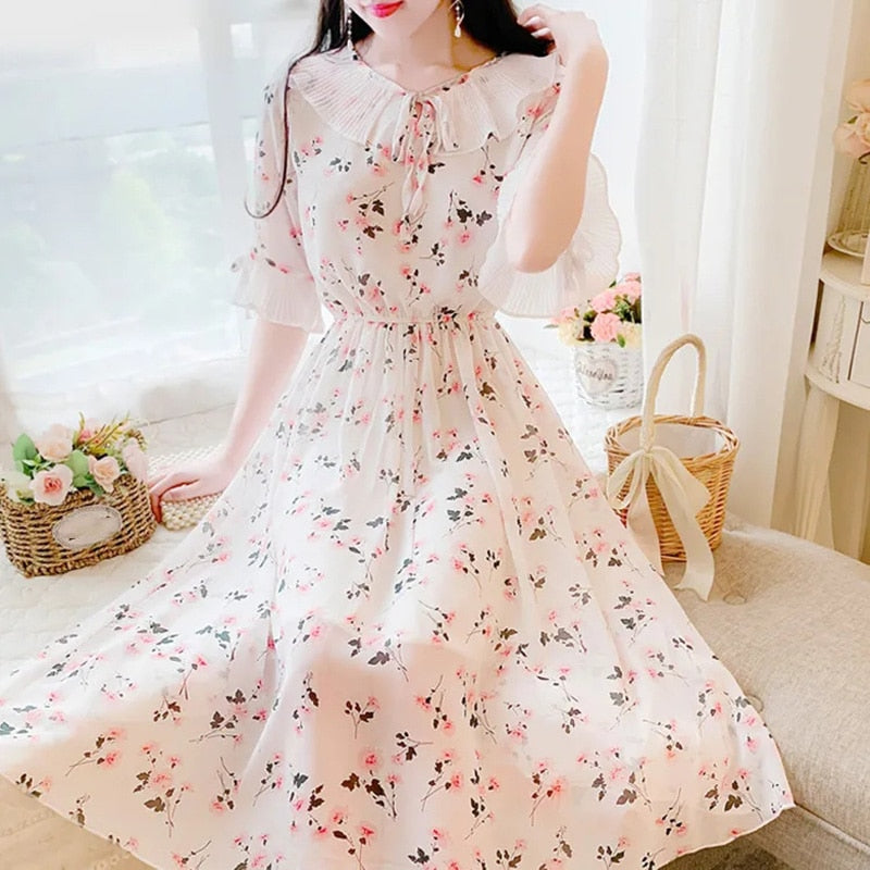 2021 summer new dress short-sleeved chiffon print dress female slim slimming long skirt 0 DailyAlertDeals 1 S China