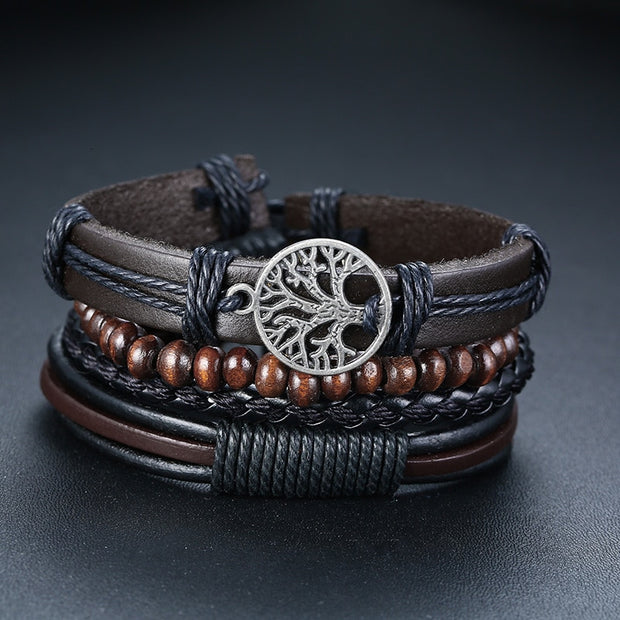 Vnox 4Pcs/ Set Braided Wrap Leather Bracelets for Men Vintage Life Tree Rudder Charm Wood Beads Ethnic Tribal Wristbands 0 DailyAlertDeals BL-551 China 