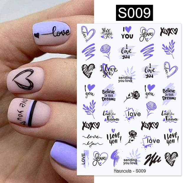 Purple Heart Love Design 3D Nail Sticker English Letter Stickers Face Pattern Trasnfer Sliders Valentine Nail Art Decoration 0 DailyAlertDeals S009  