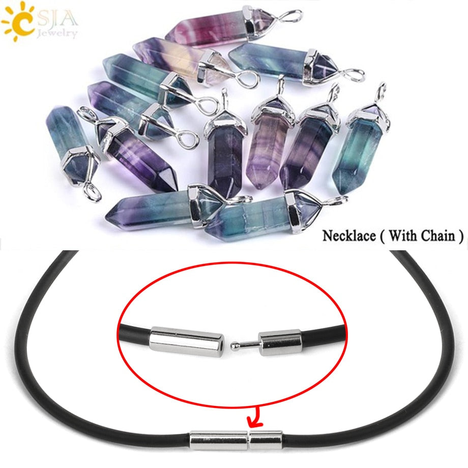 CSJA Fluorite Necklaces Crystal Pendants Suspension Natural Gem Stone Quartz Bullet Hexagonal Pendulum Reiki Chakra pendulo E546 0 DailyAlertDeals Colorful-PUChain  