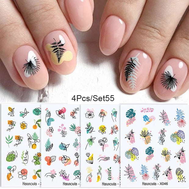 Harunouta Abstract Lady Face Water Decals Fruit Flower Summer Leopard Alphabet Leaves Nail Stickers Water Black Leaf Sliders 0 DailyAlertDeals 4pcs-55  