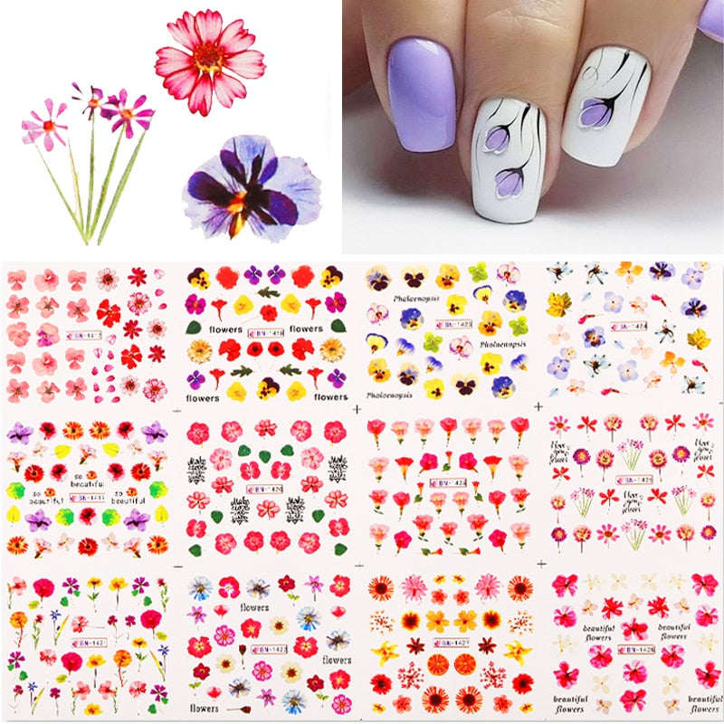 12 Designs Nail Stickers Set Mixed Floral Geometric Nail Art Water Transfer Decals Sliders Flower Leaves Manicures Decoration 0 DailyAlertDeals 11  