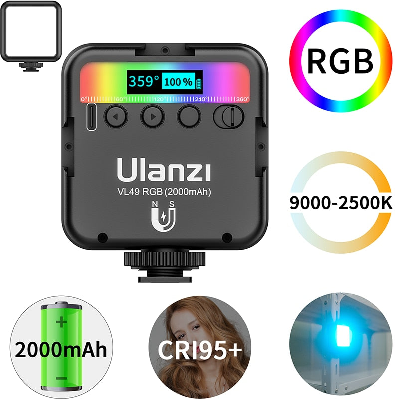 Ulanzi VL49 RGB Full Color LED Video Light 2500K-9000K 800LUX Magnetic Mini Fill Light Extend 3 Cold Shoe 2000mAh Type-c Port RGB Full Color LED Video Light DailyAlertDeals   