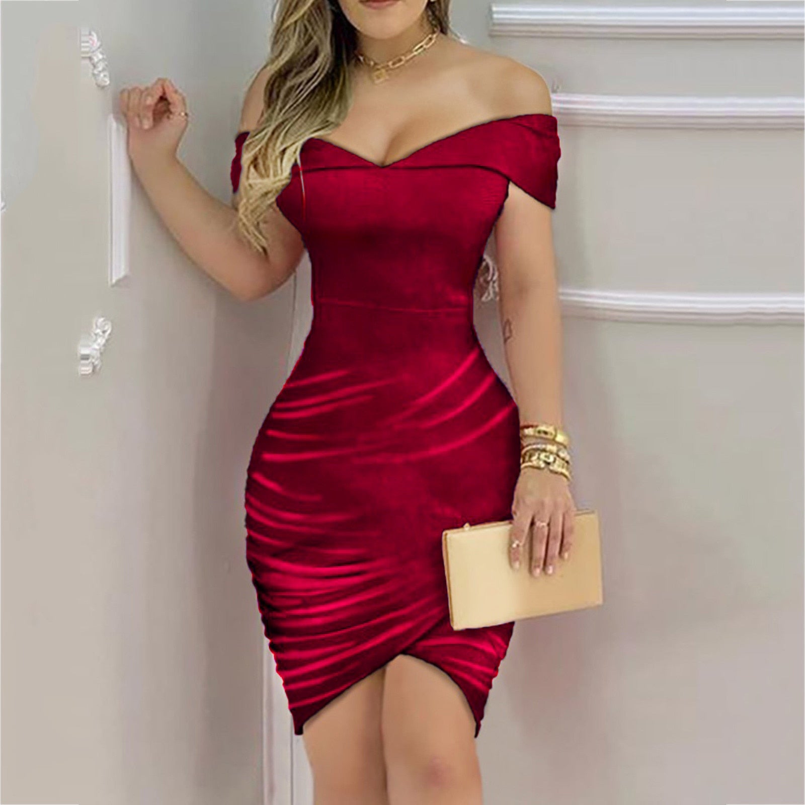 Elegant Off Shoulder Velvet Dress For Women Corduroy Cocktail Dress One Shoulder Rucked Dress Solid Robe Skinny Clubwear Velvet Dress Women DailyAlertDeals Red S Czech Republic
