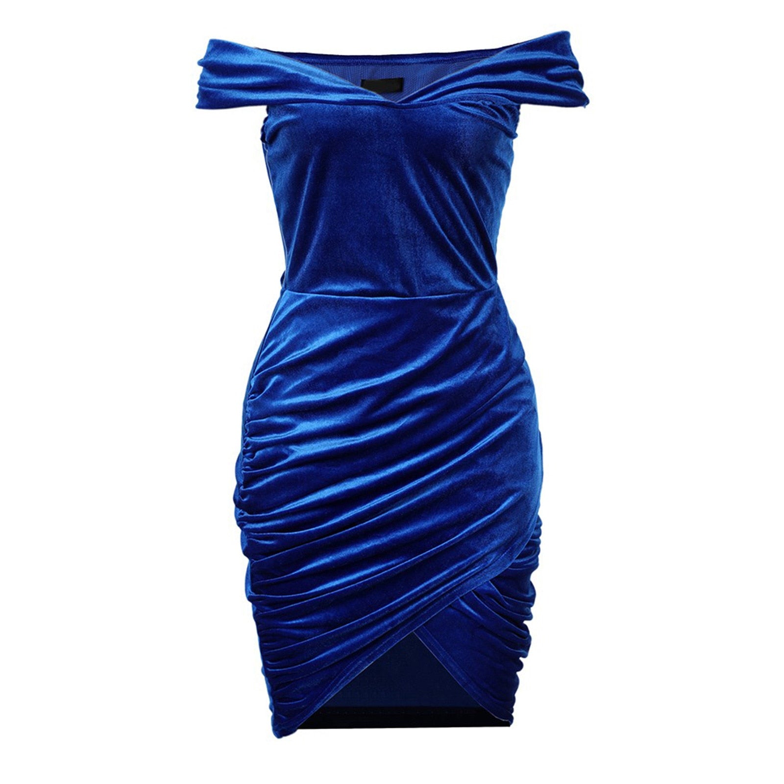Elegant Off Shoulder Velvet Dress For Women Corduroy Cocktail Dress One Shoulder Rucked Dress Solid Robe Skinny Clubwear Velvet Dress Women DailyAlertDeals   