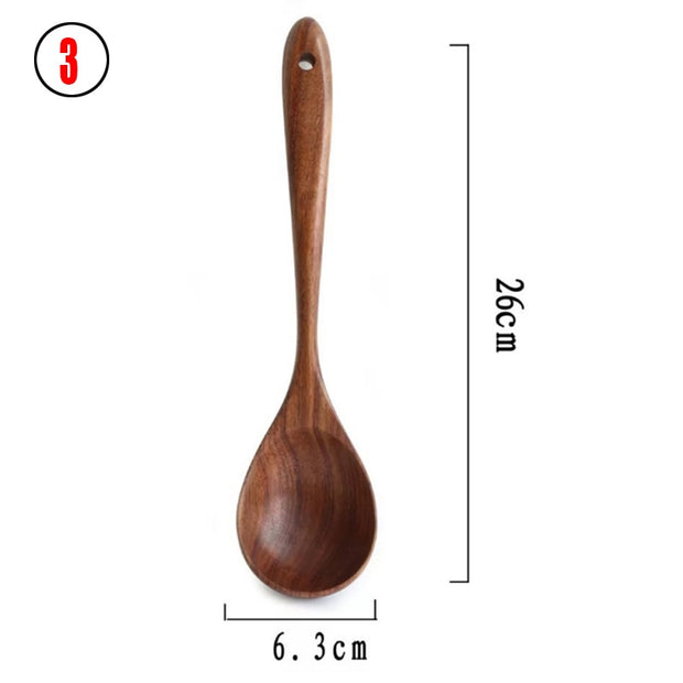 7pcs/set Teak Natural Wood Tableware Spoon Ladle Turner Rice Colander Soup Skimmer Cooking Spoon Scoop Kitchen Reusable Tool Kit 0 DailyAlertDeals 3  