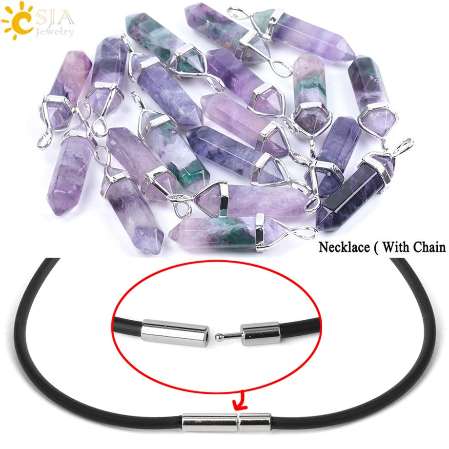 CSJA Fluorite Necklaces Crystal Pendants Suspension Natural Gem Stone Quartz Bullet Hexagonal Pendulum Reiki Chakra pendulo E546 0 DailyAlertDeals Purple-PUChain  
