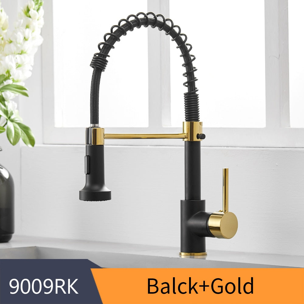 Kitchen Faucets Brush Brass Faucets for Kitchen Sink  Single Lever Pull Out Spring Spout Mixers Tap Hot Cold Water Crane 9009 Brass Faucets for Kitchen DailyAlertDeals Black and Gold China 