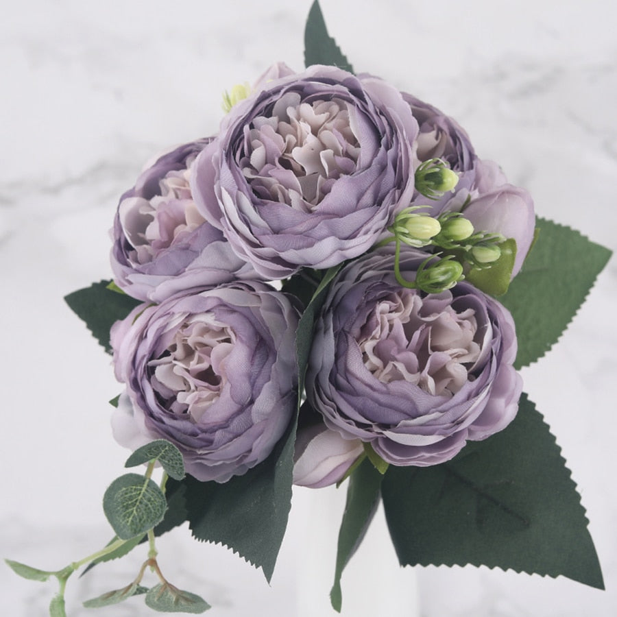 30cm Rose Pink Silk Peony Artificial Flowers Bouquet 5 Big Head and 4 Bud Cheap Fake Flowers for Home Wedding Decoration indoor Flowers DailyAlertDeals Light Purple  