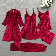 Sleepwear Female 5/4/2PCS Pajamas Set Sexy Satin Wedding Nightwear Rayon Home Wear Nighty Robe Suit  DailyAlertDeals 5PCS wine red S 