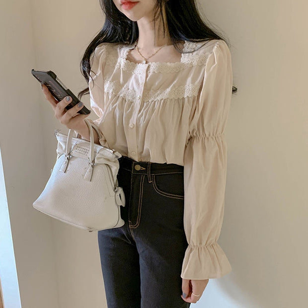 Beige Lace Blouse Vintage Square Collar Women Long Puff Sleeve Shirt Solid Cardigan Sweet Shirt Blusas Clothes Women Tops 11200 0 DailyAlertDeals   