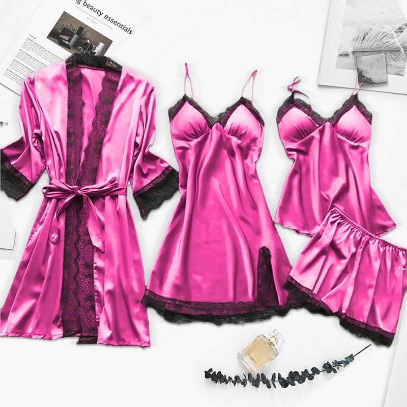 Sleepwear Female 5/4/2PCS Pajamas Set Sexy Satin Wedding Nightwear Rayon Home Wear Nighty Robe Suit  DailyAlertDeals 4PCS rose red S 