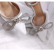 Runway style Glitter Rhinestones Women Pumps Crystal bowknot Satin Summer Lady Shoes Genuine leather High heels Party Prom Shoes High heels shoes DailyAlertDeals White 36 
