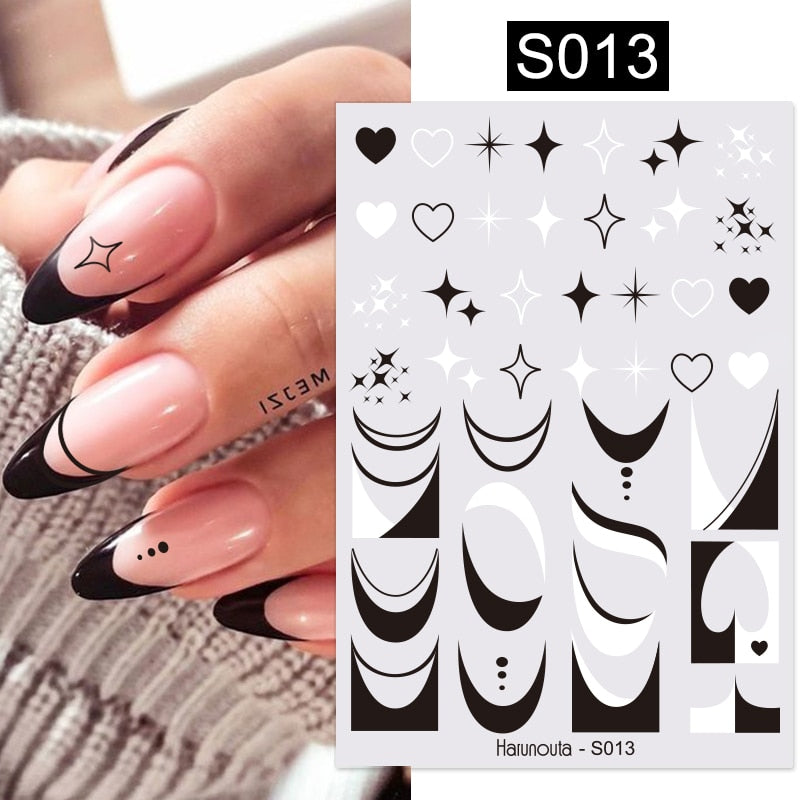 Harunouta Silver Black Geometric Textured Lines Stripe 3D Nail Sticker Flower Leaves Self Adhesive Transfer Sliders Paper Nail Stickers DailyAlertDeals S013  