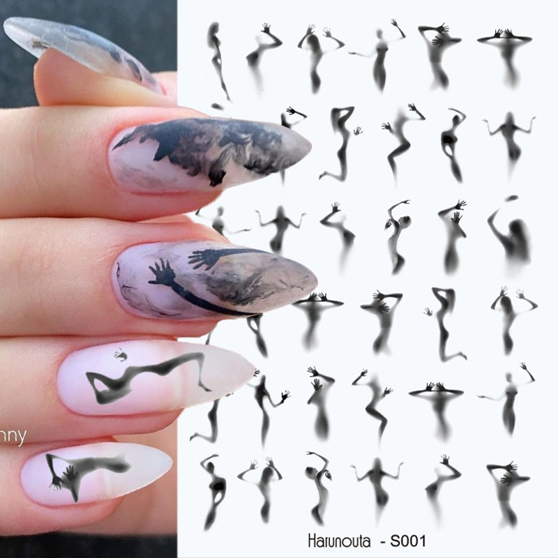Harunouta Slider Design 3D Black People Silhouettes Blooming Nail Stickers Gold Bronzing Leaf Flower Nail Foils Decoration Nail Stickers DailyAlertDeals   