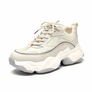 BeauToday Chunky Sneakers Women Mesh Leather Platform Shoes Mixed Colors Lace-Up Lady Trendy Trainers Thick Sole Handmade 29401 0 DailyAlertDeals Beige Gray 5 