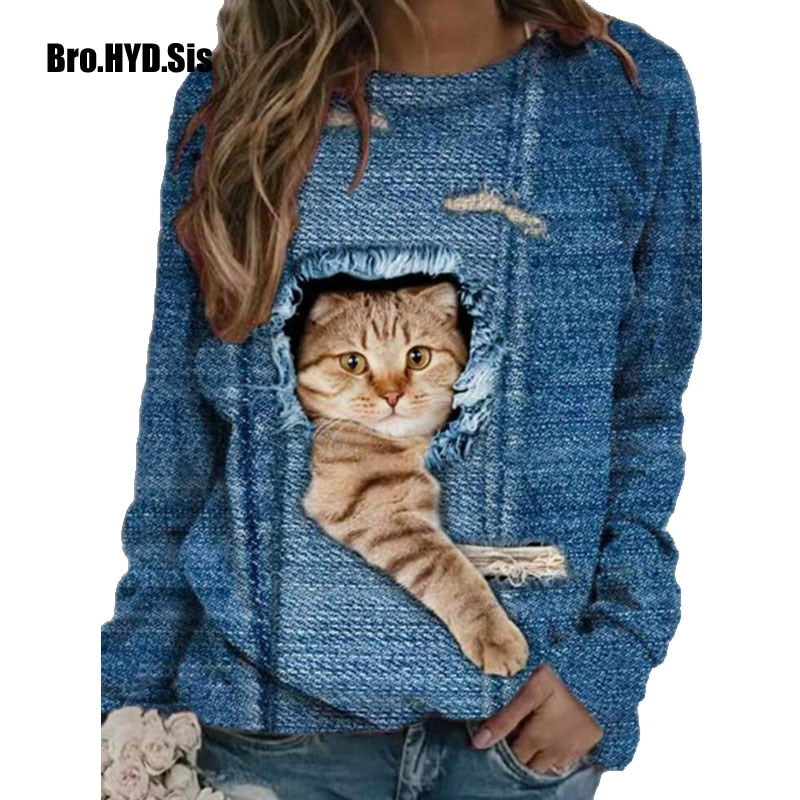 Funny Cute Cat 3D Print Casual Pullovers Women Clothes Spring Autumn Sweatshirts Long Sleeve T-Shirts Lady Clothing Fashion Tops 0 DailyAlertDeals   