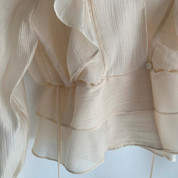 Fashion Vintage Chiffon Blouse Women 2021 New Puff Sleeve Ruffles V-neck Shirt Women Silm Casual Womens Blouses Tops Mujer 10334 0 DailyAlertDeals   