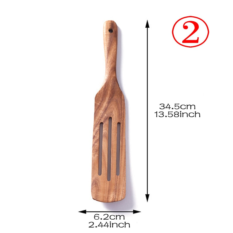 7pcs/set Teak Natural Wood Tableware Spoon Ladle Turner Rice Colander Soup Skimmer Cooking Spoon Scoop Kitchen Reusable Tool Kit 0 DailyAlertDeals shovel 2  