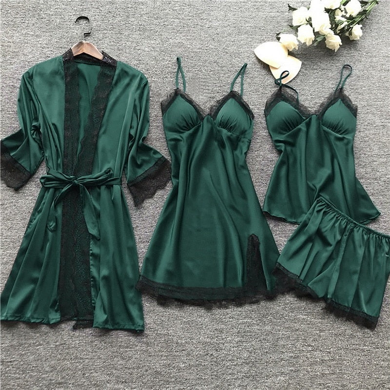Sleepwear Female 5/4/2PCS Pajamas Set Sexy Satin Wedding Nightwear Rayon Home Wear Nighty Robe Suit  DailyAlertDeals 4PCS green S 