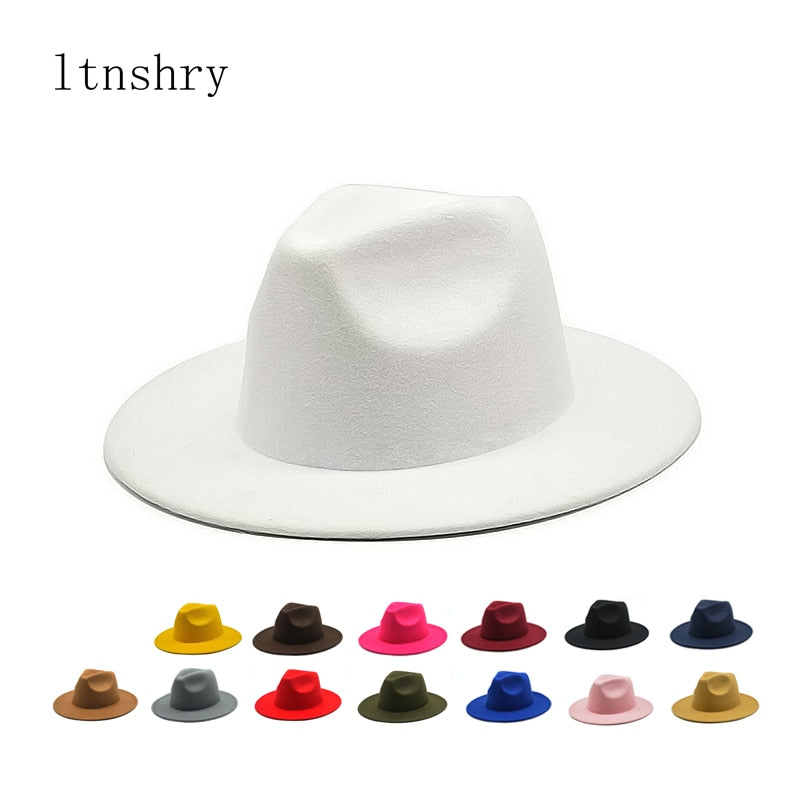 Autumn Winter Womens Felt Hat Fedoras Big Brim Hats For Women British Style Vintage Church Hats Lady Flat Brim White jazz cap 0 DailyAlertDeals   