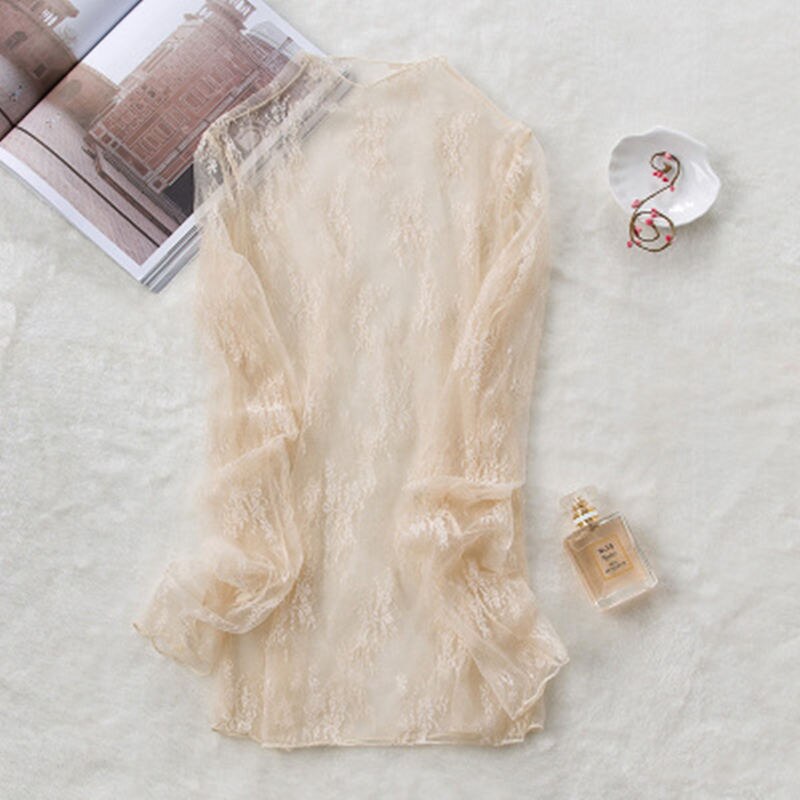 JuneLove Autumn Women Long Sleeve Turtleneck Lace Shirt Sexy Blouse lady Slim Blouse Perspective Mesh female Elastic Shirts Tops 0 DailyAlertDeals apricot S-M 