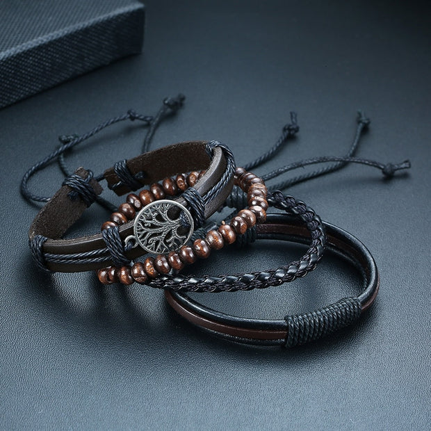 Vnox 4Pcs/ Set Braided Wrap Leather Bracelets for Men Vintage Life Tree Rudder Charm Wood Beads Ethnic Tribal Wristbands 0 DailyAlertDeals   