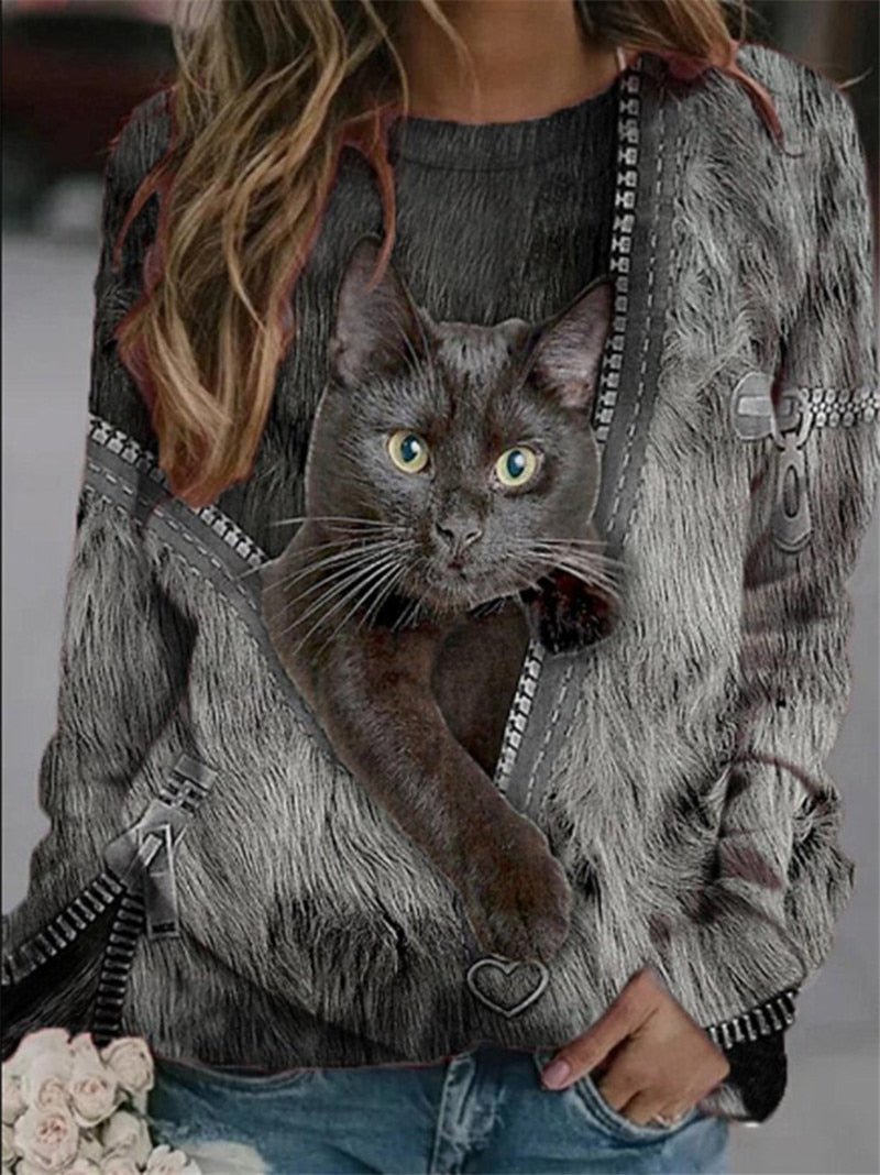 Funny Cute Cat 3D Print Casual Pullovers Women Clothes Spring Autumn Sweatshirts Long Sleeve T-Shirts Lady Clothing Fashion Tops 0 DailyAlertDeals D M 