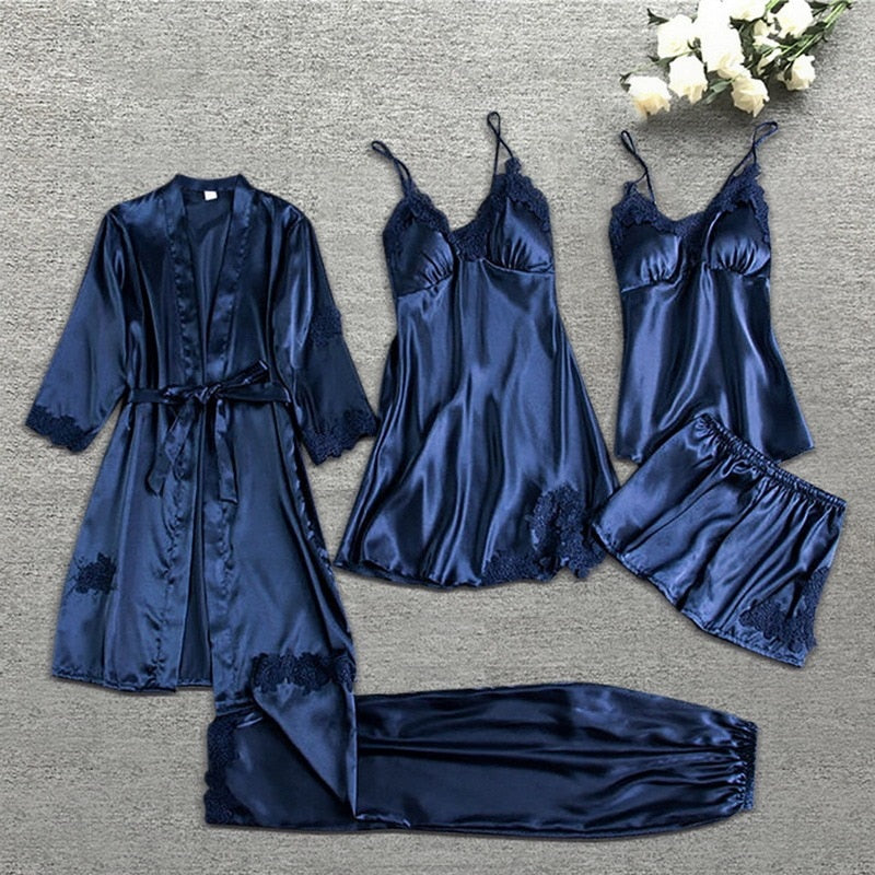 Sleepwear Female 5/4/2PCS Pajamas Set Sexy Satin Wedding Nightwear Rayon Home Wear Nighty Robe Suit  DailyAlertDeals 5PCS Navy Blue S 