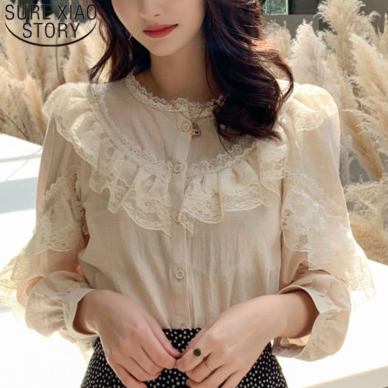 2022 Elegant Ladies Tops Women&#39;s Tops and Blouses Solid Lace Blouse Button Stand Tops for Women Shirts Blusas Femininas 8049 50 0 DailyAlertDeals   