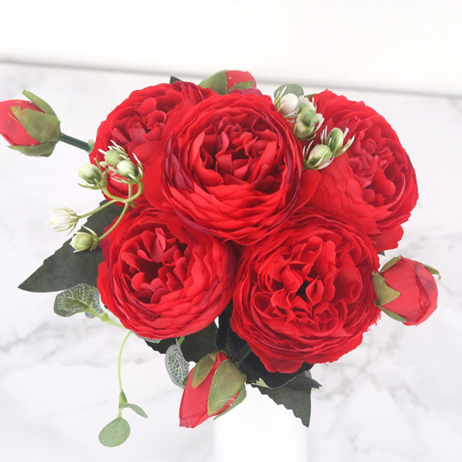 30cm Rose Pink Silk Peony Artificial Flowers Bouquet 5 Big Head and 4 Bud Cheap Fake Flowers for Home Wedding Decoration indoor Flowers DailyAlertDeals Big Red  