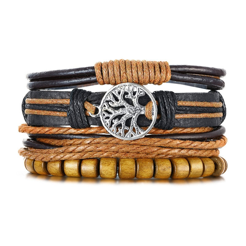 Vnox 4Pcs/ Set Braided Wrap Leather Bracelets for Men Vintage Life Tree Rudder Charm Wood Beads Ethnic Tribal Wristbands 0 DailyAlertDeals BL-619BZ  