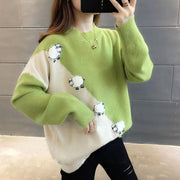 Cute Sheep Pattern Loose Pullover Sweater Women 2022 Fall Winter Korean School Contrast Color Knit Jumper Female Knitwear 0 DailyAlertDeals Green S 