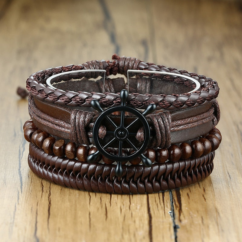 Vnox 4Pcs/ Set Braided Wrap Leather Bracelets for Men Vintage Life Tree Rudder Charm Wood Beads Ethnic Tribal Wristbands 0 DailyAlertDeals BL-472ZB  