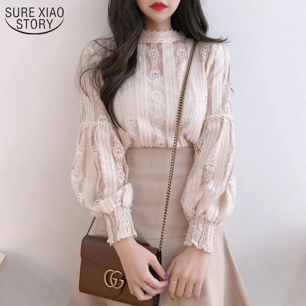 2022 Autumn Sweet Pink Shirts Long Sleeve Lace Blouse for Women Vintage Spliced Solid Womens Clothing Blusas Mujer De Moda 6899 Long Sleeve Lace Blouse for Women DailyAlertDeals   