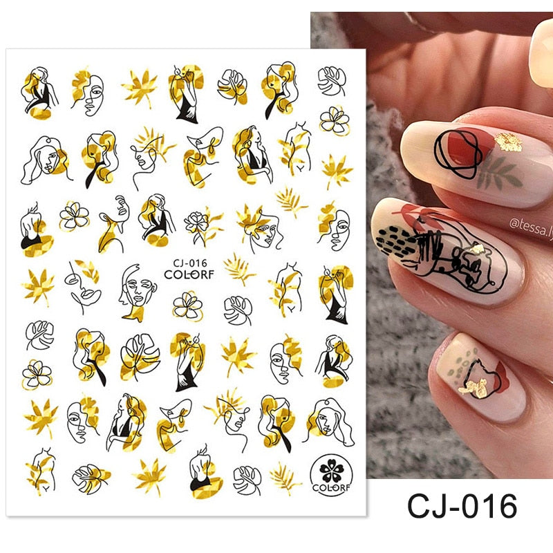 Harunouta Slider Design 3D Black People Silhouettes Blooming Nail Stickers Gold Bronzing Leaf Flower Nail Foils Decoration Nail Stickers DailyAlertDeals CJ-016  