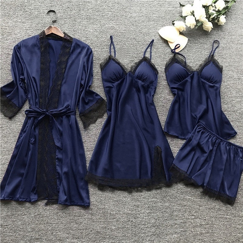 Sleepwear Female 5/4/2PCS Pajamas Set Sexy Satin Wedding Nightwear Rayon Home Wear Nighty Robe Suit  DailyAlertDeals 4PCS navy S 
