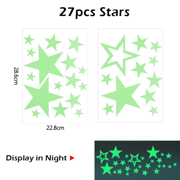 Luminous 3D Stars Dots Wall Sticker for Kids Room Bedroom Home Decoration Glow In The Dark Moon Decal Fluorescent DIY Stickers Decorative Stickers DailyAlertDeals 27pcs star  