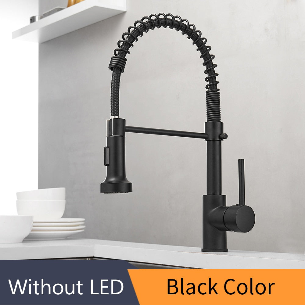 Kitchen Faucets Brush Brass Faucets for Kitchen Sink  Single Lever Pull Out Spring Spout Mixers Tap Hot Cold Water Crane 9009 Brass Faucets for Kitchen DailyAlertDeals Black China 