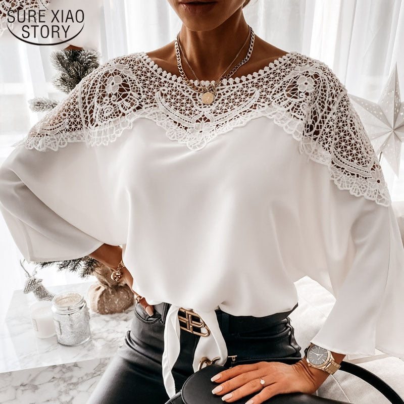 Lace Shirt White Blouse Women O-Neck Crochet Floral Long Sleeve Shirt Embroidery Casual Sexy Office Ladies Top Clothes 12459 0 DailyAlertDeals   